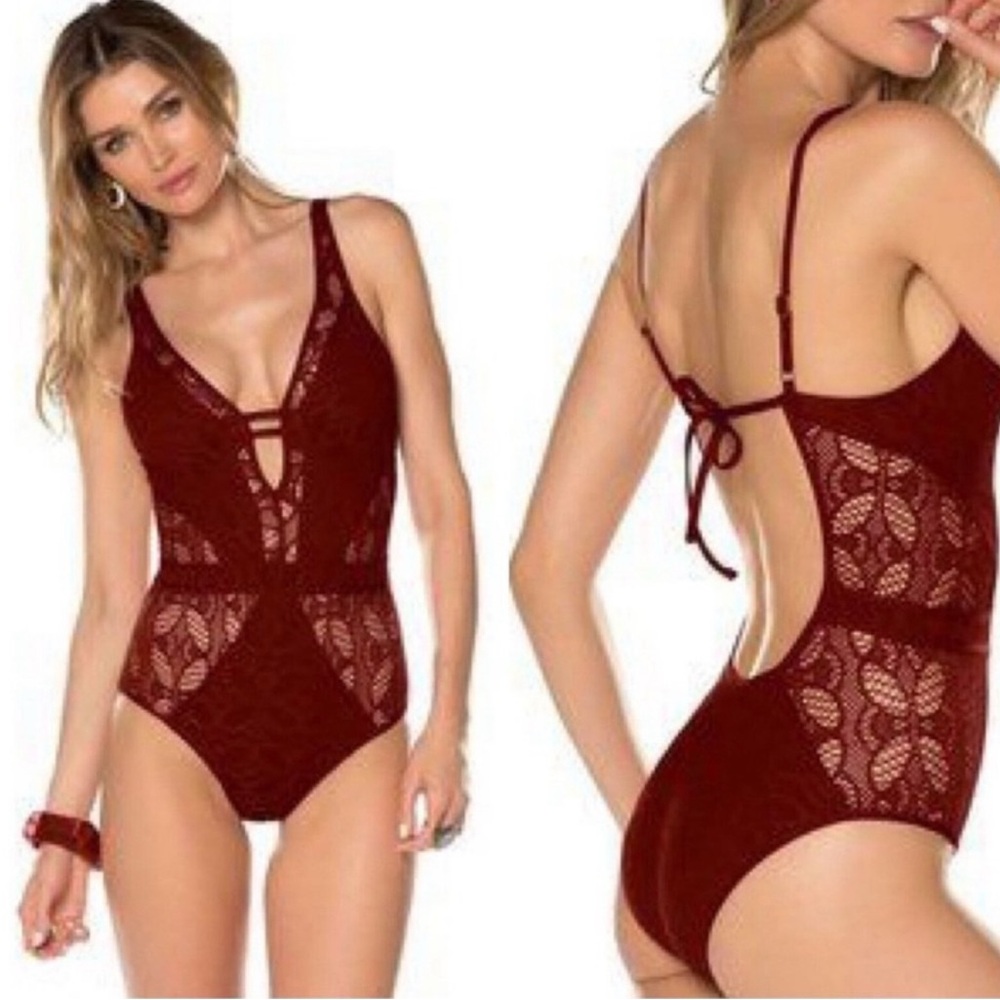 BECCA Women's Burgundy crochet One Piece Swimsuit